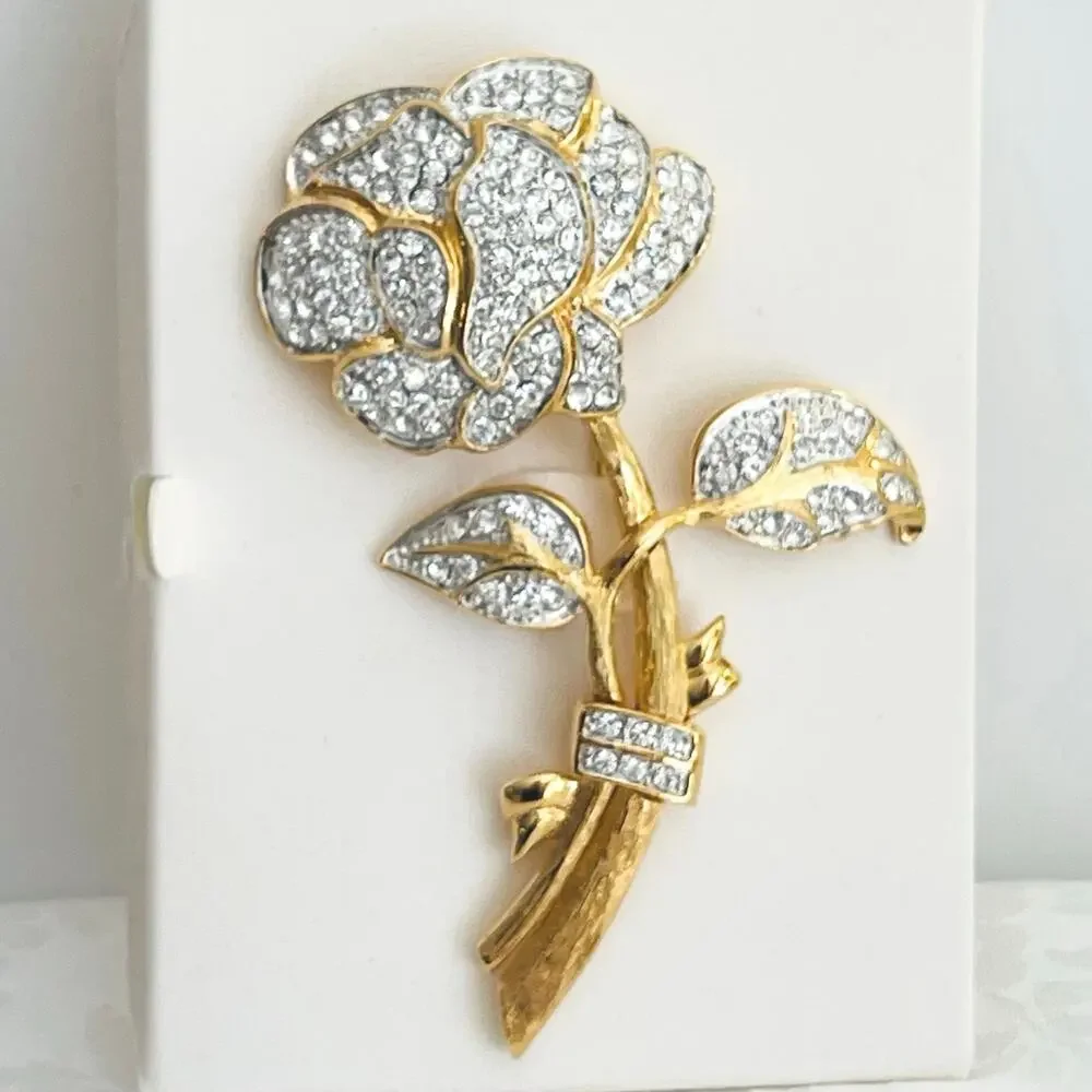 Vtg Nolan Miller Pave Rose Austrian Crystal Gold-P Brooch Pin Y2K Dynasty 90s